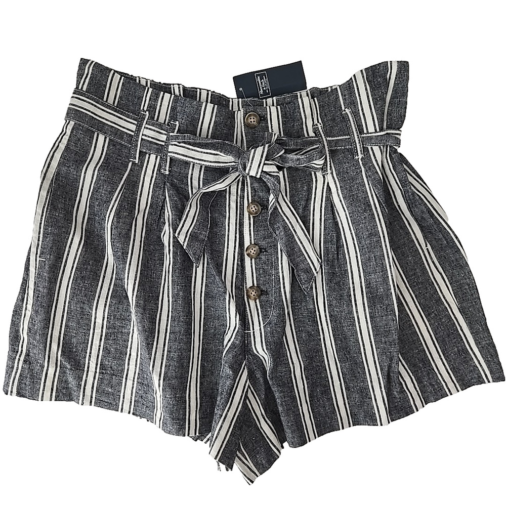 NWT Abercrombie & Fitch Linen Shorts L High Waist Button Striped Summer Paperbag